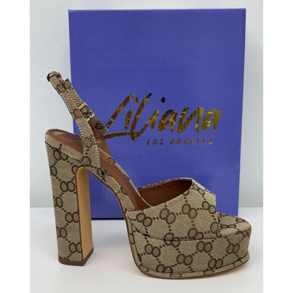 LILIANA  / Josy-6 / Beige Monogram / Platform / Heels With Adjustable Ankle - Picture 9 of 10